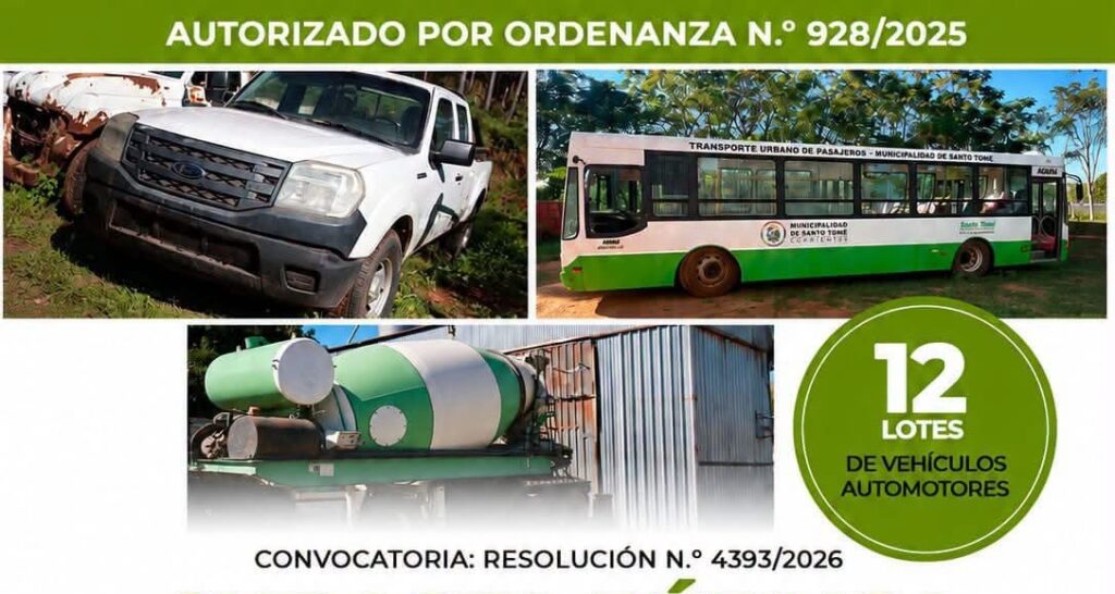 Abren la  la inscripción para una subasta de 12 vehículos y remolques en el Municipio de Santo Tomé